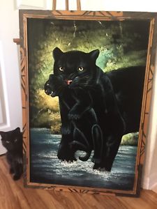 225x300 Vintage Gorgeous Large Velvet Painting Black Panther Mommy Amp Cub - Velvet Panther Painting