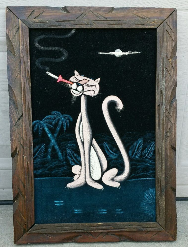 759x1000 Vintage 70's Pink Panther Black Velvet Painting Smoking Wood - Velvet Panther Painting