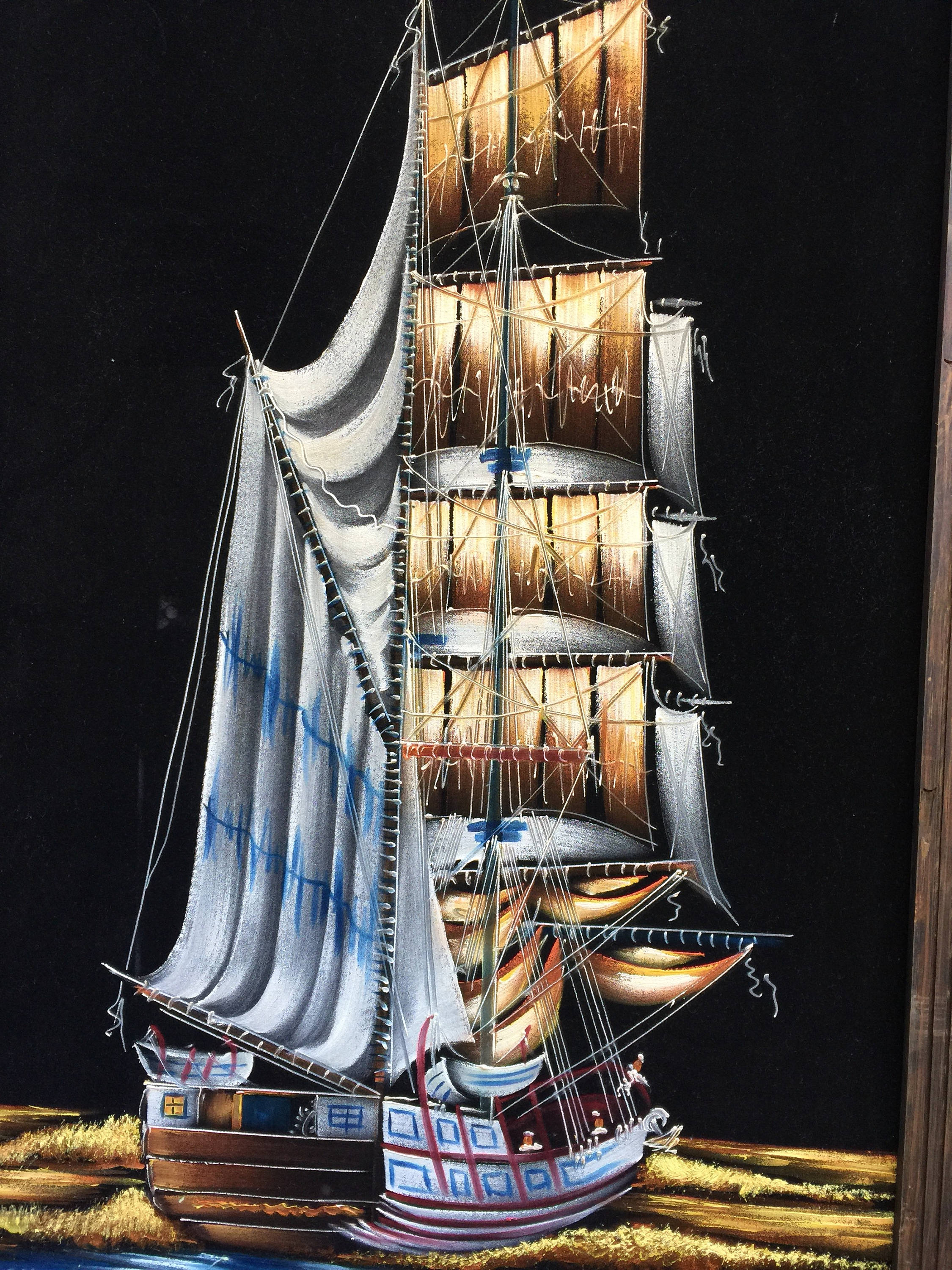 2250x3000 Nice Big Original Signed Black Velvet Pirate Ship Painting - Velvet Ship Painting