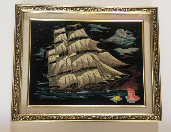 570x439 Reduced Vintage Velvet Ship Painting With The Little Mermaid - Velvet Ship Painting