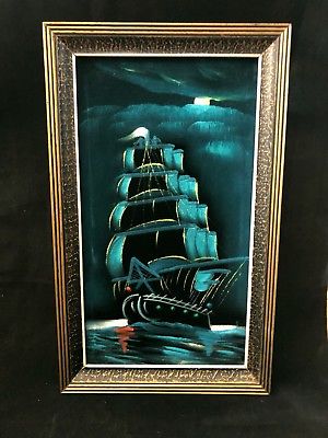 300x400 Vintage Black Velvet Painting Clipper Ship Retro Mcm - Velvet Ship Painting