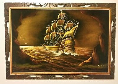 400x287 Velvet Ship Painting 36x24 Signed Manny Wood Carved Frame Art - Velvet Ship Painting