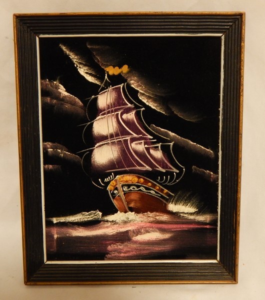 530x600 Vintage Framed Black Velvet Ship Painting - Velvet Ship Painting