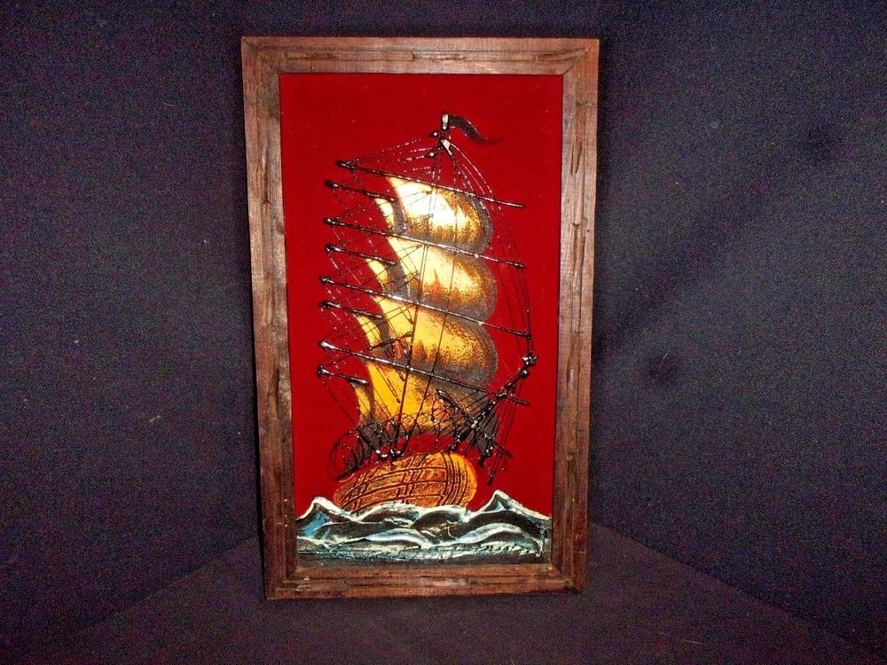 1000x750 Vintage Red Velvet Schooner Ship Framed Painting - Velvet Ship Painting