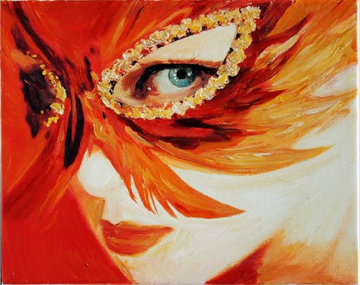 736x583 Venetian Mask Ii Fine Art Oil Painting Miniature On Canvas By - Venetian Mask Painting