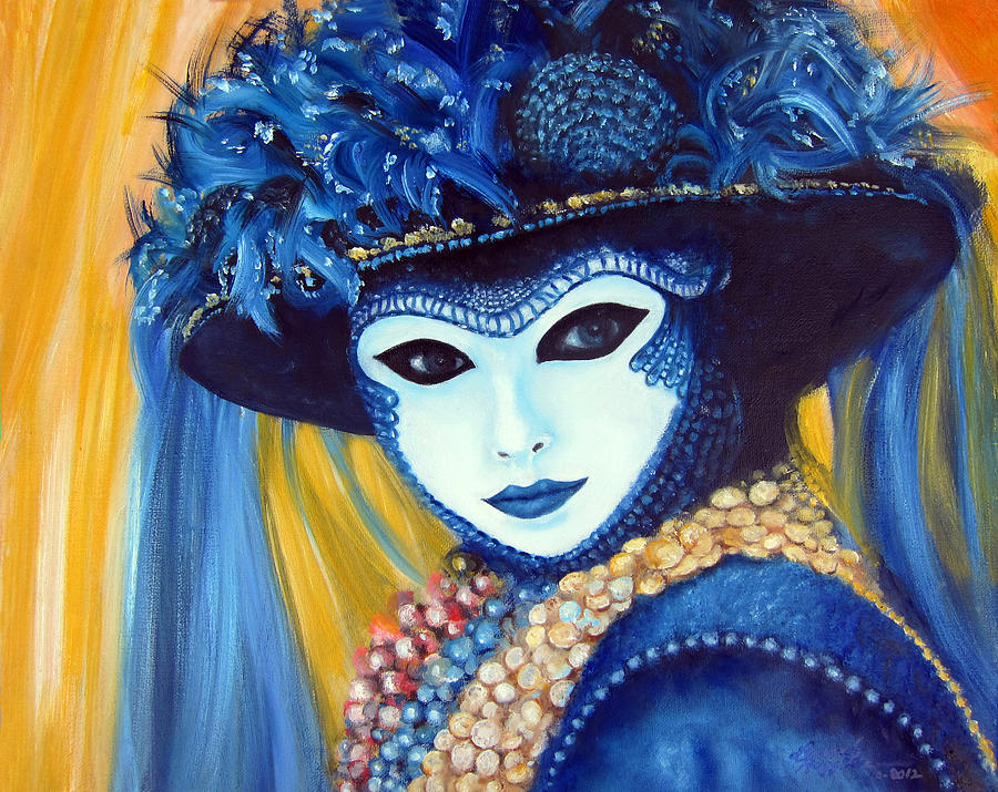 900x715 Venetian Mask In Blue Painting By Leonardo Ruggieri - Venetian Mask Painting