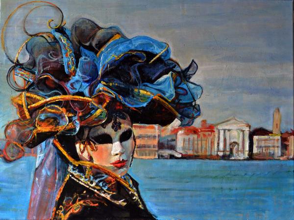 600x450 Woman In Venetian Mask - Venetian Oil Painting