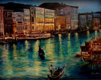 340x270 Venice At Night Art Print Ready To Hang Framed Wall Art Gold - Venice At Night Painting
