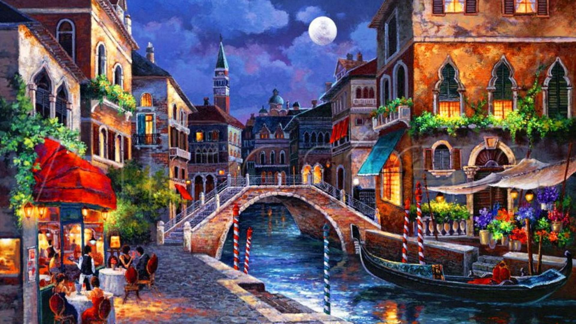 1920x1080 Venice At Night Painting Contemporary Art. - Venice At Night Painting