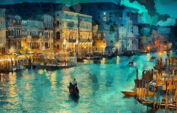 596x380 Wallpaper Light, Night, Lights, Home, Boats, Art, Italy, Venice - Venice At Night Painting
