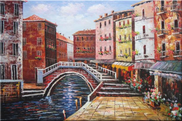 612x408 Venice Canal Bridge With Pretty Flowers Oil Painting Italy - Venice Canal Painting