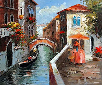 425x354 100% Hand Painted Venice Canal Gondola Couple Boats - Venice Gondola Painting