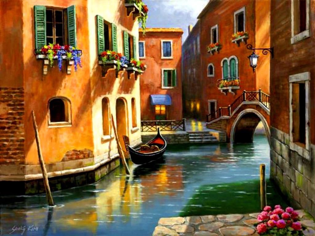 1024x768 Wallpaper Tags Gondola House Art Cottage Pretty Town Venetian - Venice Gondola Painting