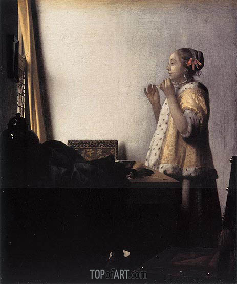 463x554 Woman With A Pearl Necklace Vermeer Painting Reproduction 1090 - Vermeer Painting