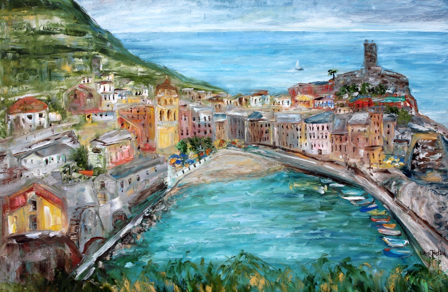 900x587 Palette Knife Painters, International Vernazza Italy Paintings By - Vernazza Painting