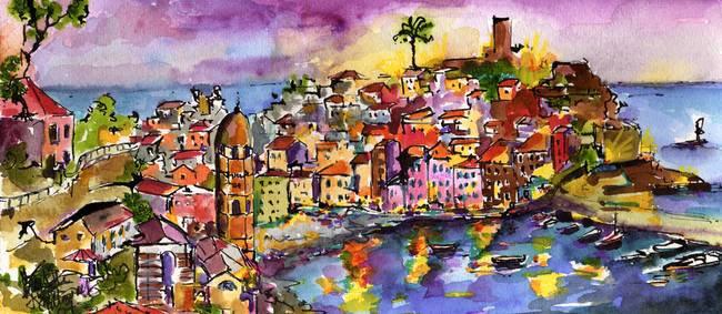 650x283 Vernazza At Night Watercolor Painting By Ginette C By Ginette Callaway - Vernazza Painting