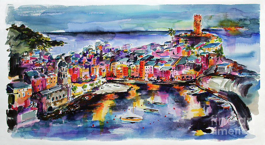 900x492 Vernazza Twilight Cinque Terre Watercolors Painting By Ginette - Vernazza Painting
