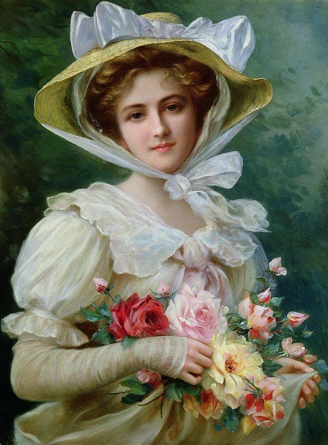 664x900 Elegant Lady With A Bouquet Of Roses Painting By Emile Vernon - Vernon Painting