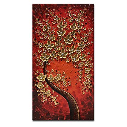 425x425 Okbonn Vertical Art Red And Gold Flowers Artwork Hand - Vertical Canvas Painting