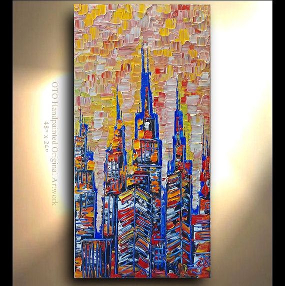 570x571 Original 24x48 Vertical Upright Abstract Art Landscape City Tree - Vertical Painting
