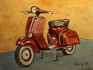 300x225 Red Vespa Painting By Juan Bosco - Vespa Painting