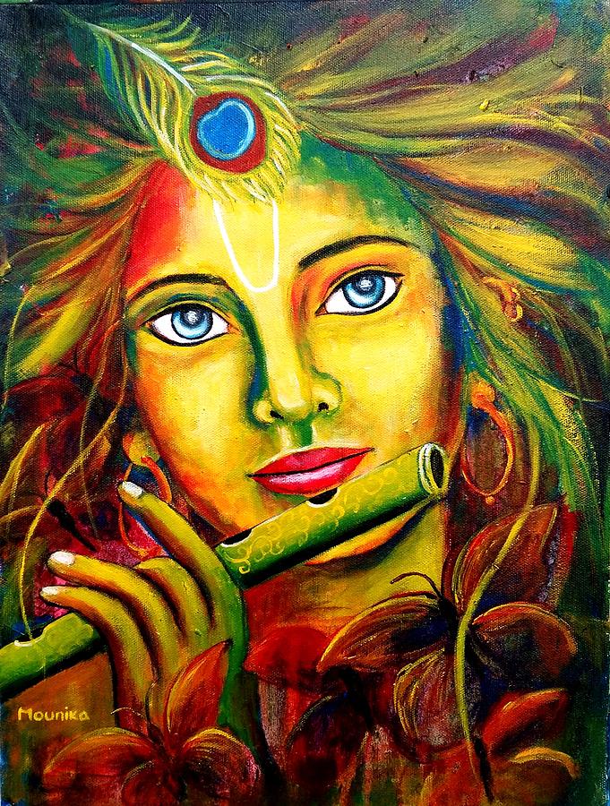 681x900 Krishna With Flute And Butterflies Original Indian Contemporary - Vibrant Painting