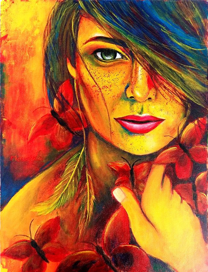 690x900 Red Bold Lady With Butterflies Original Contemporary Vibrant - Vibrant Painting
