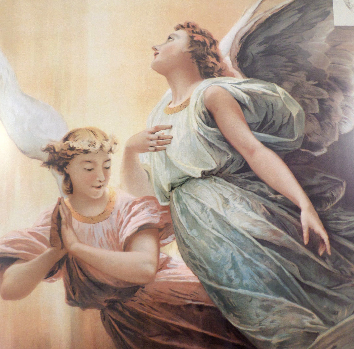 1146x1132 Victorian Lithograph Print Angels Hovering Over A Sleeping Child - Victorian Angel Painting