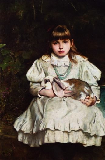345x522 Nancy's Daily Dish Children And Their Pet Rabbits ~ Antique Oil - Victorian Child Painting