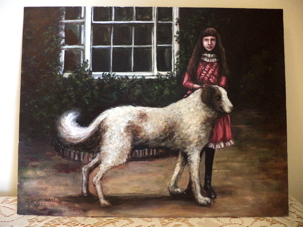 1000x750 Girl With Dog Original Painting Big Dog Victorian Themed - Victorian Dog Painting