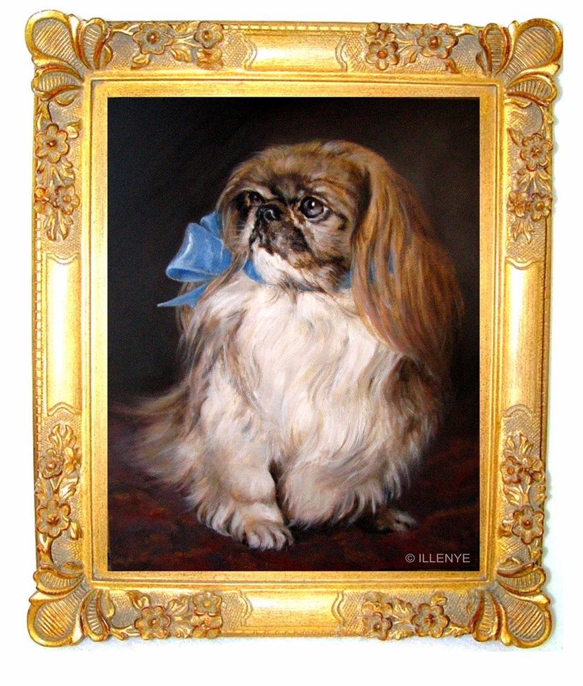 850x1000 Pampered Pets Pekingese Blue Bow Victorian Style Dog Porttait By - Victorian Dog Painting