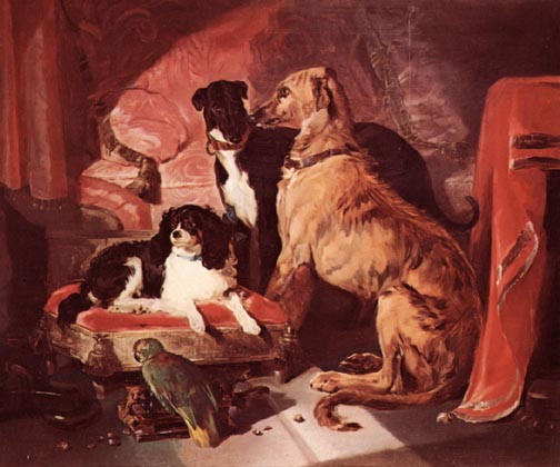 504x420 Queen Victoria's Dogs And Parrot By Sir Edwin Landseer, Ra 1802 1873 - Victorian Dog Painting