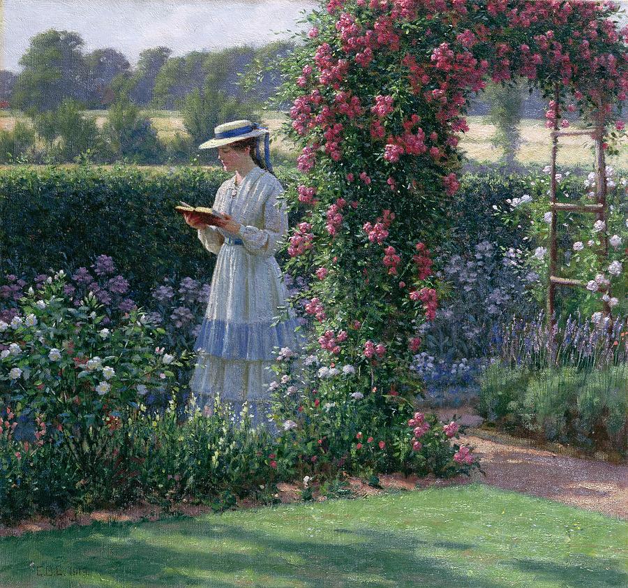 900x842 Sweet Solitude Painting By Edmund Blair Leighton - Victorian Garden Painting