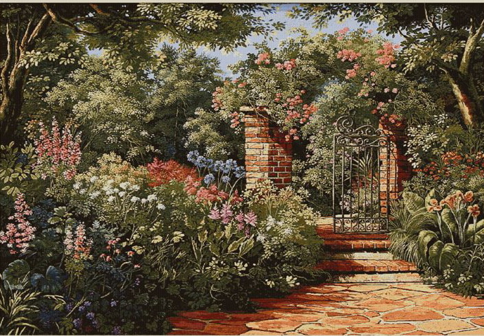 706x491 Victorian Garden Gate Tapestry Wall Hanging, H40 X W52 - Victorian Garden Painting