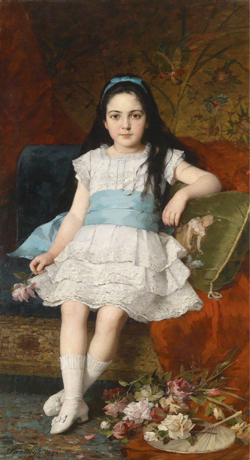 991x1819 An 1883 Portrait Of A Little Girl In White Dress And A Blue Ribbon - Victorian Girl Painting