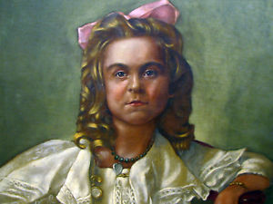 300x225 Antique 1909 Oil On Canvas Portrait Painting - Victorian Girl Painting