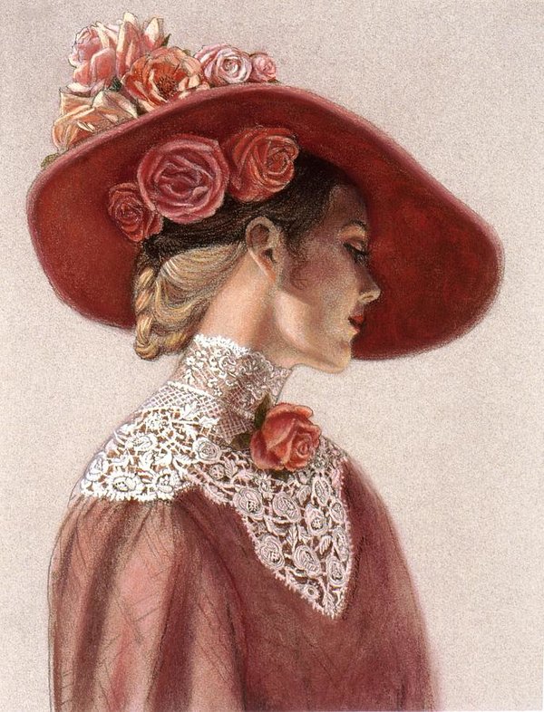 600x786 Victorian Lady In A Rose Hat Art Print By Sue Halstenberg - Victorian Lady Painting