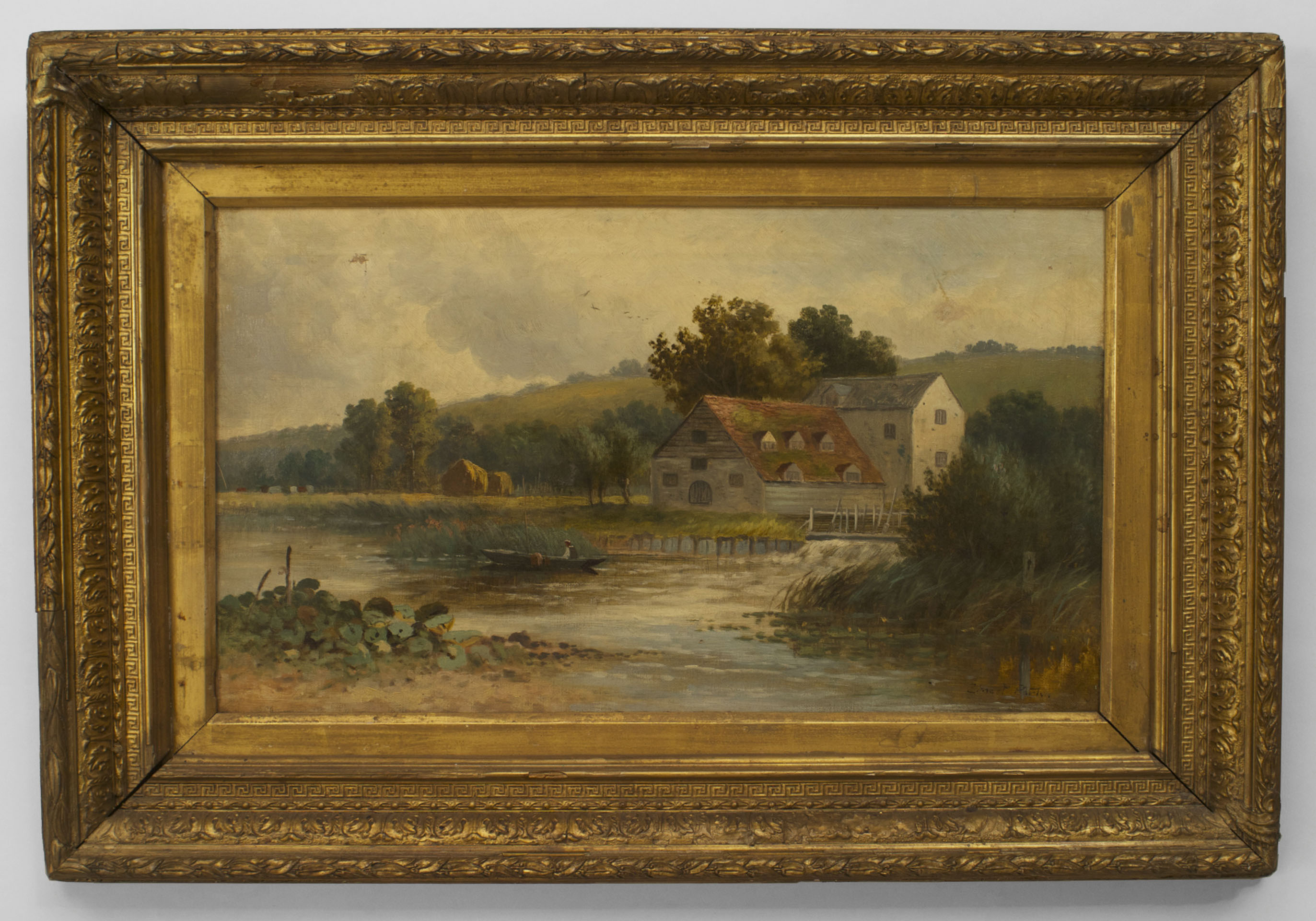 2745x1920 French Victorian Gilt Framed Oil Landscape Painting Of Man In Row - Victorian Landscape Painting