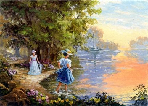 500x357 Aceo Original Painting Landscape Flowers Victorian Lady Parasol - Victorian Painting Landscape