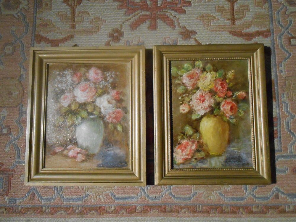 1000x750 Antique Oil Paintings (Pair) Victorian Style Vases With Flowers - Victorian Style Painting
