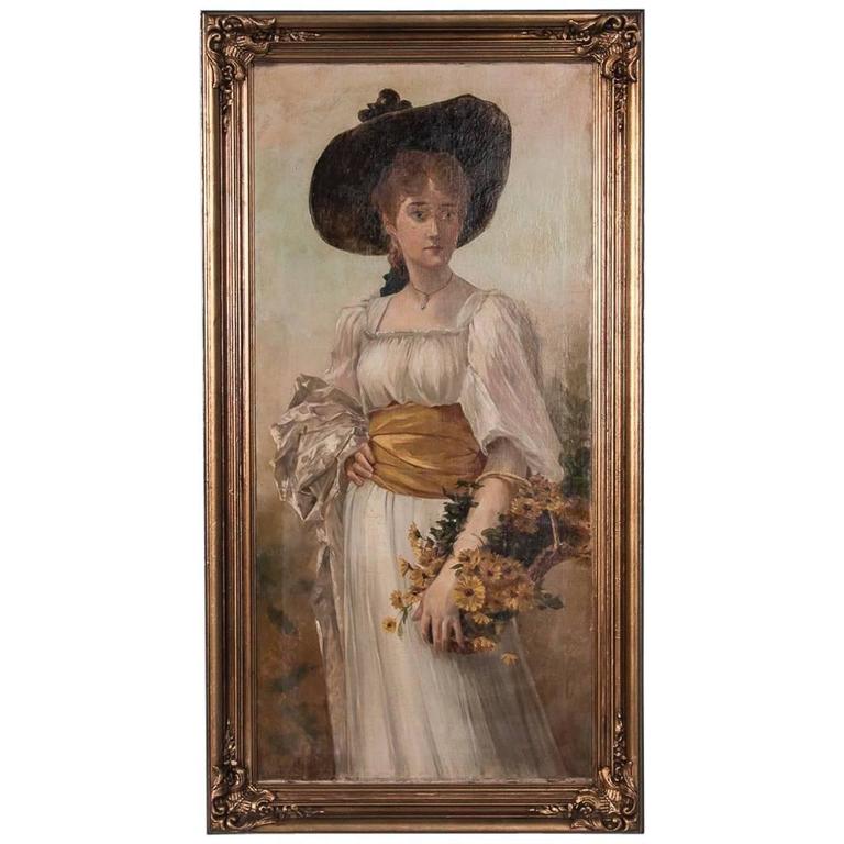 768x768 Antique 19th Century English Oil Painting Portrait Of A Young - Victorian Woman Painting