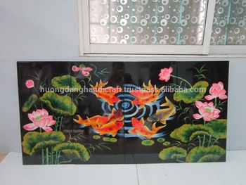 350x263 Lacquer Wall Art Painting 4 In 1,lotus And Yellow Fish In Lake - Vietnam Wall Painting