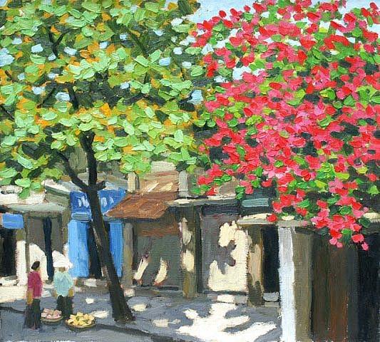 533x480 The Blue Door 24 X 32 Vietnamese Commission Original Oil Painting - Vietnamese Oil Painting
