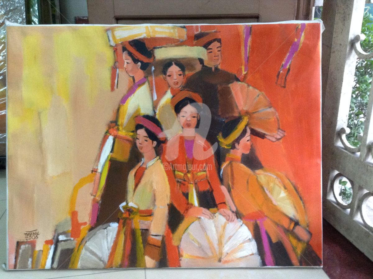 1200x896 Young Girls In Festival - Vietnamese Oil Painting