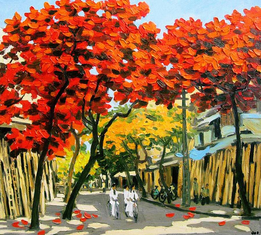 900x812 Bamboo Vendors 24x30 Vietnamese Commission Original Oil Painting - Vietnamese Painting