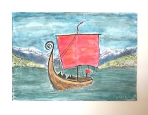 300x233 Original Watercolor Painting Viking Ship Vikings Boat Hand Painted - Viking Longship Painting