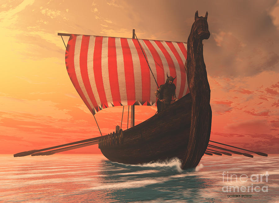 900x654 Viking Man And Longship Painting By Corey Ford - Viking Longship Painting