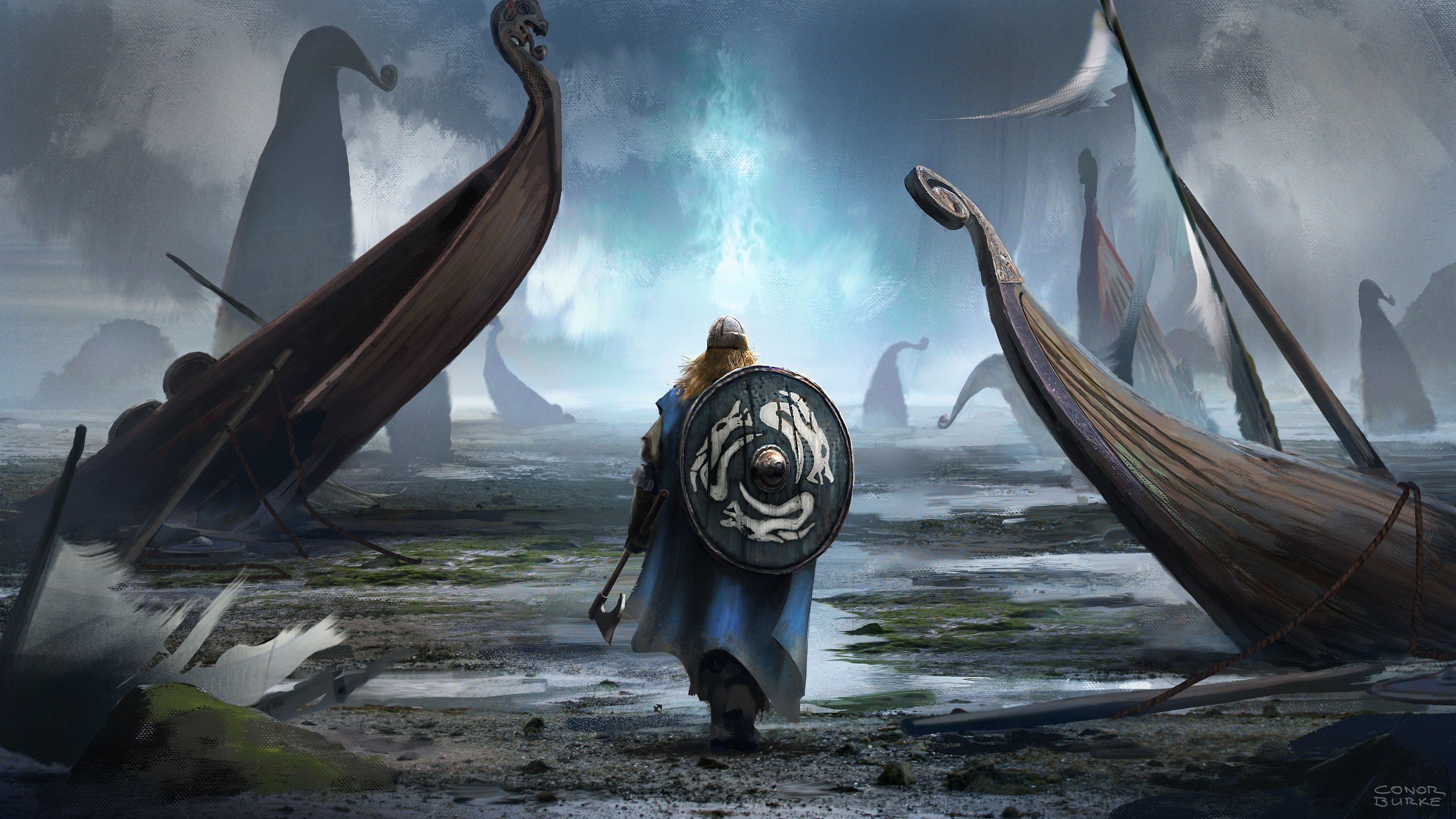 3500x1969 Viking Cataclysm By Conorburkeart - Viking Longship Painting