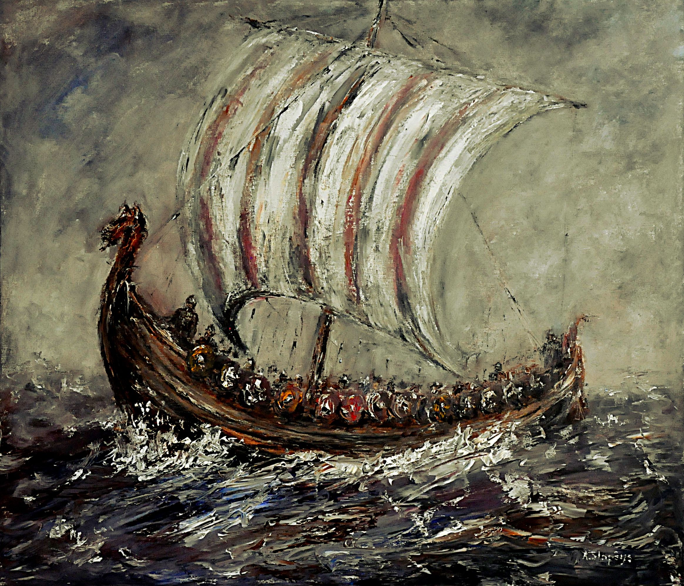 2329x1996 Viking Long Ship. Oil Painting, 60 X 70 Cm By Arturas Slapsys - Viking Longship Painting