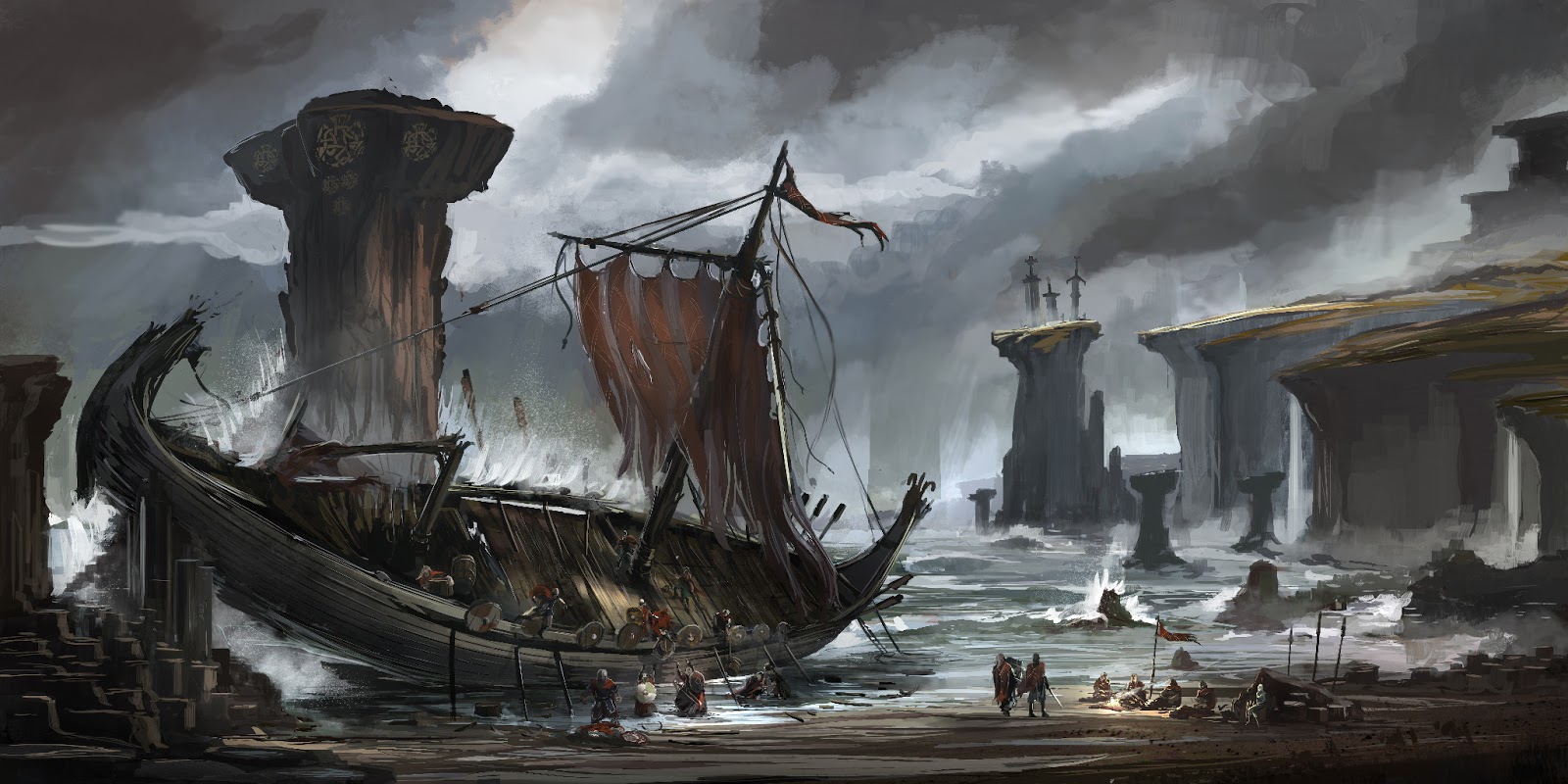 1600x800 Art Of Spiros Viking Longboat Crash - Viking Longship Painting